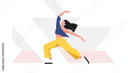 Graceful young woman dancing modern contemporary jazz on an abstract background with stripes and shapes.
