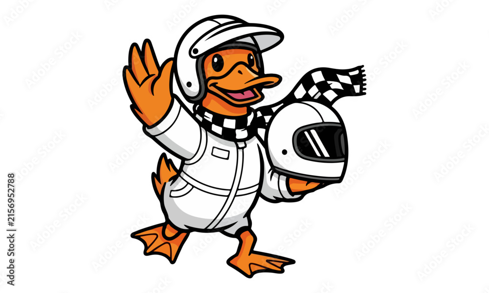 Obraz premium Racing Duck Mascot Waving and Holding Helmet
