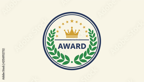 Elegant round award badge featuring a gold crown, stars, and green olive branches on a warm white background.