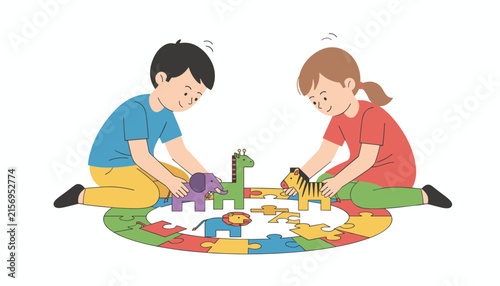 Two young children sit together on a colorful circular puzzle mat playing happily with wild animal figures including a lion and giraffe.