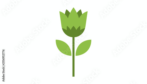 Tulip icon in minimalist flat style features a single green flower blossom with a stem and two small leaves on white background.