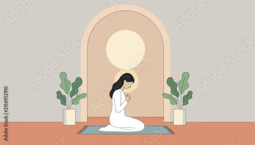 Serene woman in white gown kneels on a mat in meditation prayer within a minimalist interior featuring a classic arch.