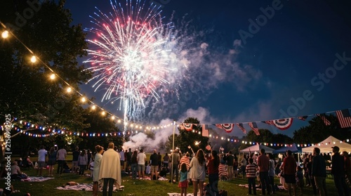 A crowd gathers in a park at night, enjoying a Fourth of July celebration. Fireworks explode in the sky above, illuminating the scene with vibrant colors.