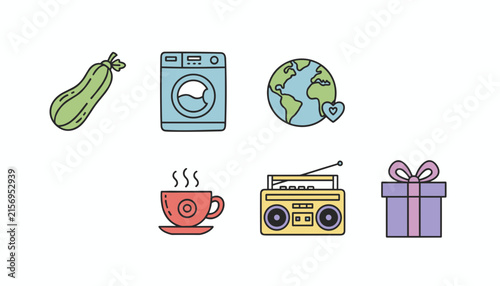 Diverse collection of colorful flat icons including a zucchini washing machine globe with a heart coffee cup radio and gift.