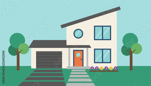 Modern two story family suburban house features a garage orange entrance door small garden and trees under blue sky.