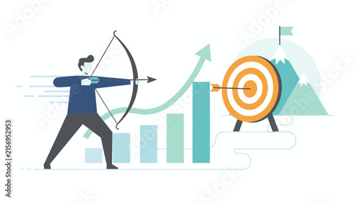 Businessman shoots an arrow towards a bullseye target with a rising bar graph indicating financial success and goal.