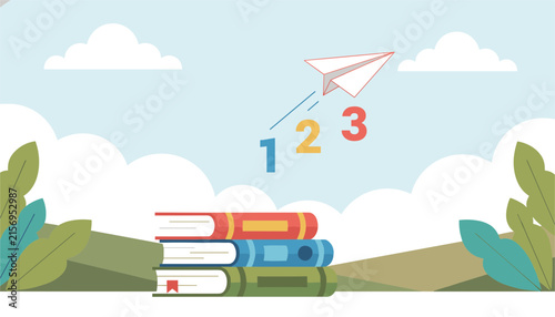 Paper airplane flies over a stack of colorful books with numbers one two and three signifying education and growth.