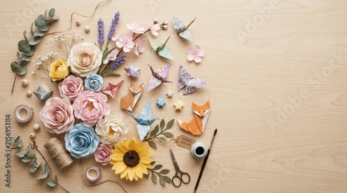 A creative workspace displays a beautiful arrangement of paper flowers, origami butterflies, and delicate paper leaves. A yellow sunflower, scissors, a paintbrush, and twine are also present.