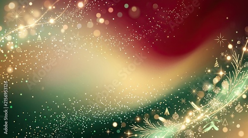 A festive, abstract background features shimmering gold and red hues, overlaid with sparkling lights and a delicate evergreen branch.
