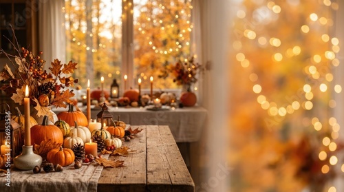 Warm candlelight illuminates a rustic wooden table laden with autumnal decorations. Pumpkins, gourds, and pinecones are arranged alongside candles and fall foliage.