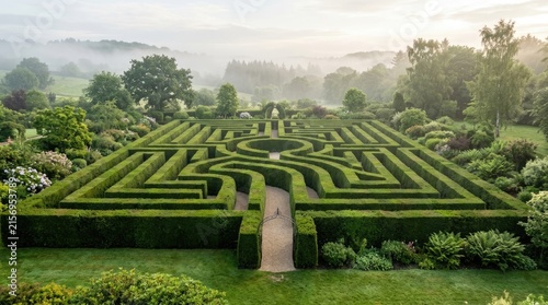 A large, intricate hedge maze dominates the foreground of a picturesque landscape.