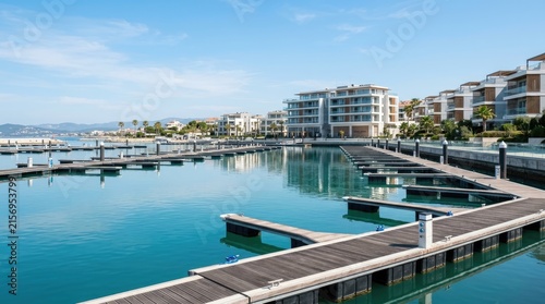 A bright, sunny day shows a picturesque marina with a calm, turquoise harbor. Several modern apartments line the waterfront, and a wooden pier extends into the water.