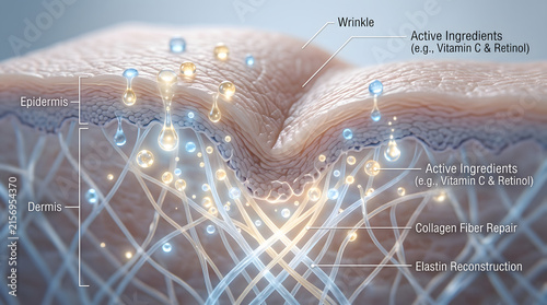Human skin cross section showing layers with glowing cosmetic serum droplets penetrating deep into the dermis to repair damaged tissue