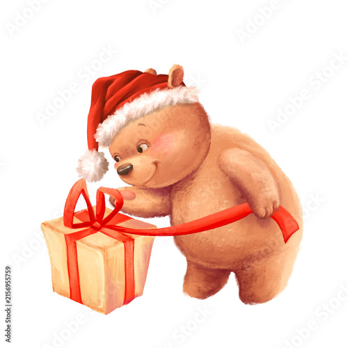 Hand-drawn Christmas teddy bear opening gift box illustration