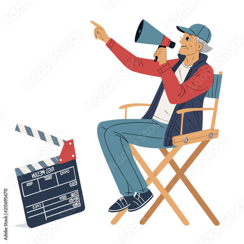 choleric film director character standing from chair and shouting into megaphone, vector illustration of creative leadership concept isolated on white background