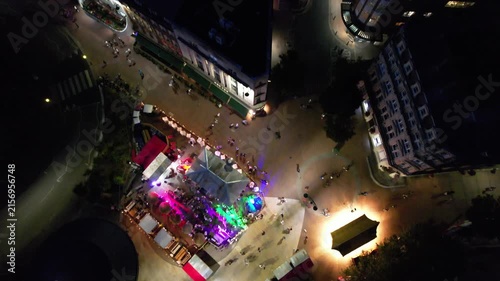 High Angle Night Footage of Illuminated Buildings and Roads with Traffic at Best Tourist Attraction Destination of England at Bournemouth City with Sandy Beach and Ocean of Great Britain, 