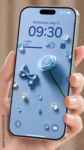 Hand Holding Smartphone With Blue Rose Lock Screen Time Display and Scattered Petals Concept