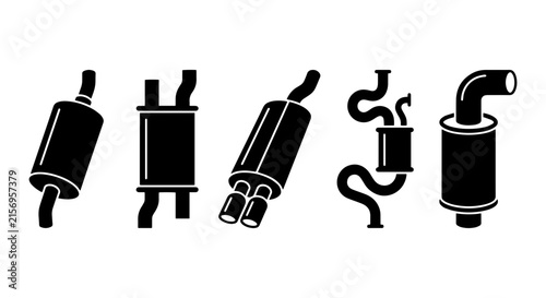 Automotive Exhaust Muffler Icons, Set of 5 Vector Silhouettes for Auto Parts and Repair