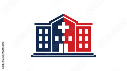 Bicolor Hospital Building Icon Featuring a Medical Cross Symbol for Healthcare Facility Navigation and Professional Institutional Signage