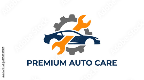 Professional auto care logo design featuring a car silhouette, gear, and wrench symbols for repair services