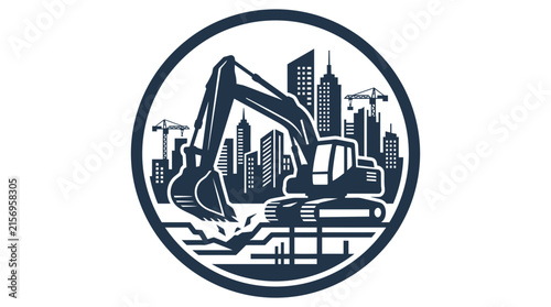 Minimalist circular construction excavator emblem silhouette featuring a modern urban skyline backdrop for heavy machinery site development