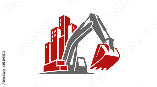 Excavator and city buildings construction logo vector illustration