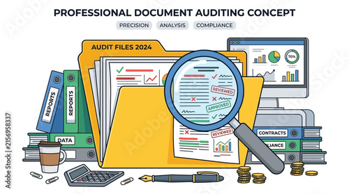 Financial document audit and compliance inspection with magnifying glass reviewing reports and business paperwork