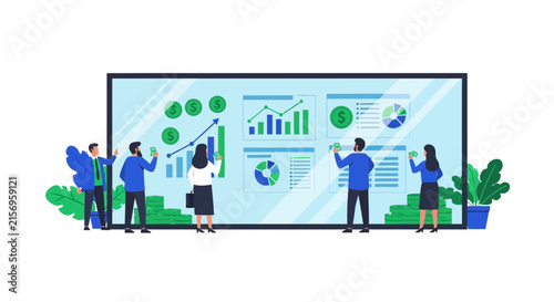 Business Data Analysis and Financial Growth Strategy Vector Illustration showing a professional team reviewing market statistics on a large digital dashboard screen.