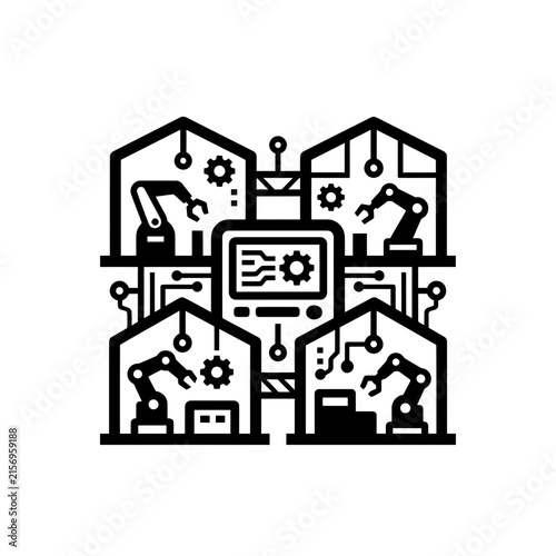 Industry smart factory icon set featuring automation, robotics, AI security, logistics, manufacturing, and sustainable production (2)