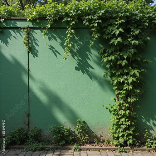 Green wall with climbing plants and shadows cast by foliage
