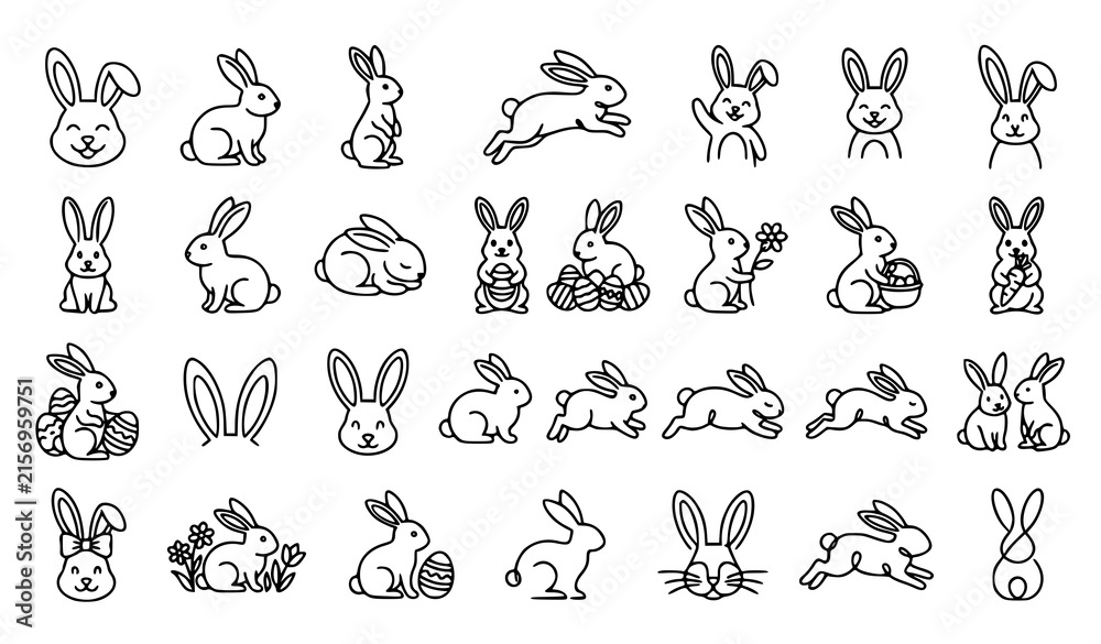 Fototapeta premium Easter Bunny Rabbit Line Icon Set with Eggs Flower Basket Carrot Bow Outline Vector Collection