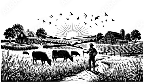 Obraz na plátne Rural Farming Scene Black Silhouette Vector with Farmer Cows Wheat Field and Sun