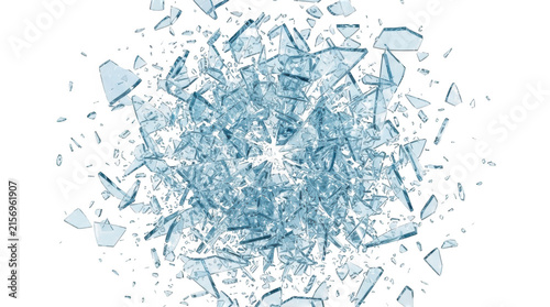 Shattered blue glass fragments and crystalline shards with shattered