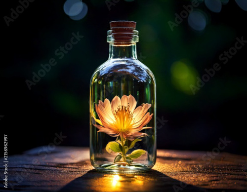 Single Pink Blossom Inside Elegant Glass Bottle with Cork Stopper
