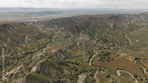 Aerial Panoramic View of Winding Dirt Road in Vashlovani National Park