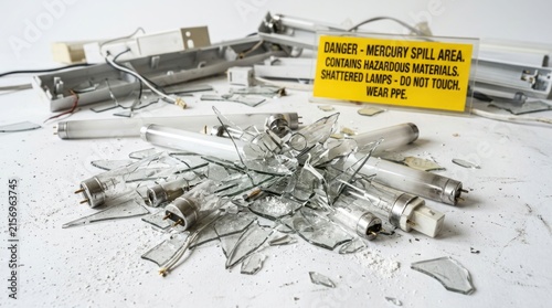 Broken Fluorescent Light Bulbs and Mercury Spill Warning Sign.