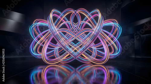 Flowing multicolored light ribbons forming graceful layered waves, dark gradient environment, subtle luminous particles, balanced negative space, refined futuristic composition, premium commercial ab