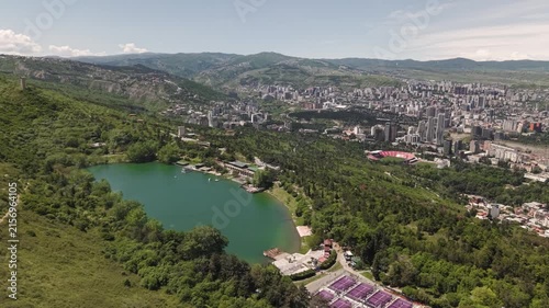 Aerial Panoramic View of Tbilisi City and Turtle Lake Park in Georgia. High quality 4k footage