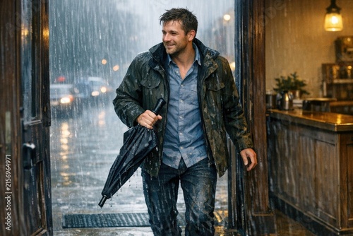 A man braves the rain with his trusty umbrella, perfect for use in scenes of daily life, weather forecasting, or as a symbol of resilience