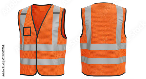 Orange High Visibility Safety Vest, Front and Back Views Isolated