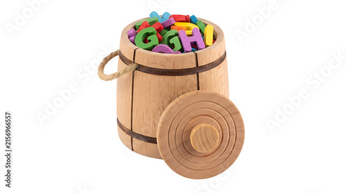 Wooden barrel overflowing with colorful alphabet letters for education and learning.