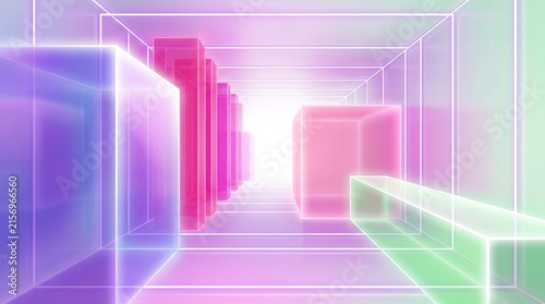 Abstract neon tunnel with glowing geometric cubes and vibrant light perspective background.