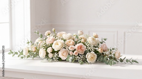 A beautiful bouquet of white and pink roses on a windowsill in a bright room