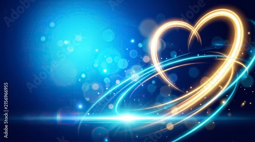 Glowing golden heart shape with blue light trails and abstract bokeh background