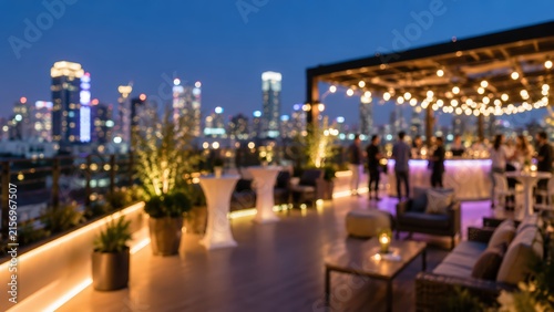 blurred wide angle of a luxury rooftop lounge at dusk featuring hanging string lights, contemporary patio furniture, and a vibrant city skyline bokeh.