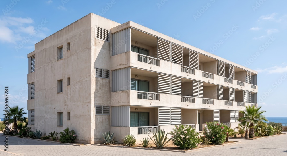 Fototapeta premium Modern Mediterranean apartment building with sunshades and balconies in coastal setting