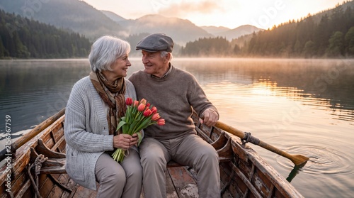 An elderly couple enjoys a romantic boat ride on a serene lake at sunset