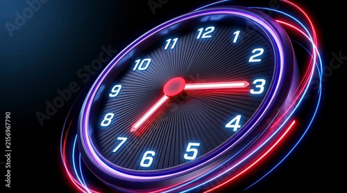 Neon glowing wall clock with abstract light trails in dark space background