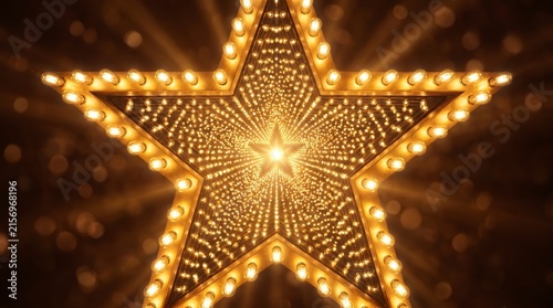 Glowing star shape with warm marquee lights and tunnel effect for festive background.