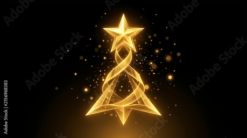 Glowing Gold Christmas Tree Abstract Light Illustration on Black Background
